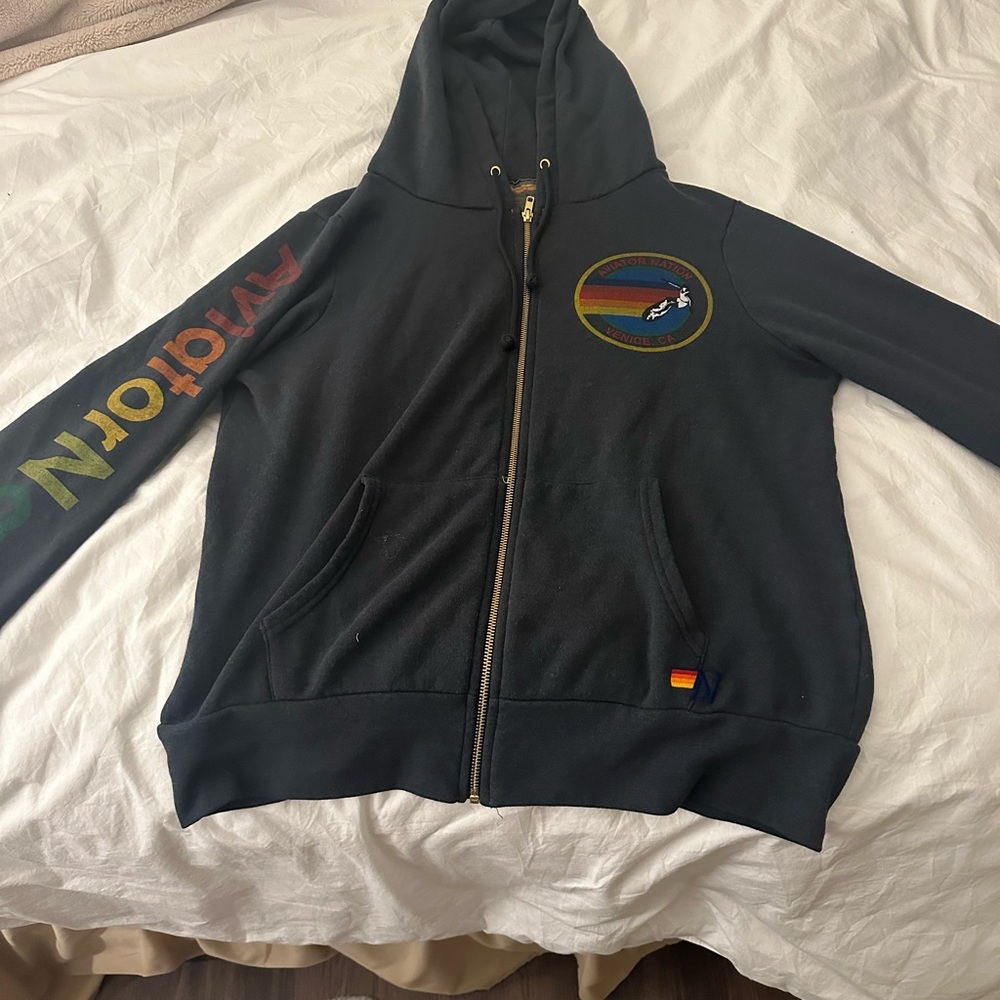 Aviator Nation Black Hoodie with Rainbow Accents